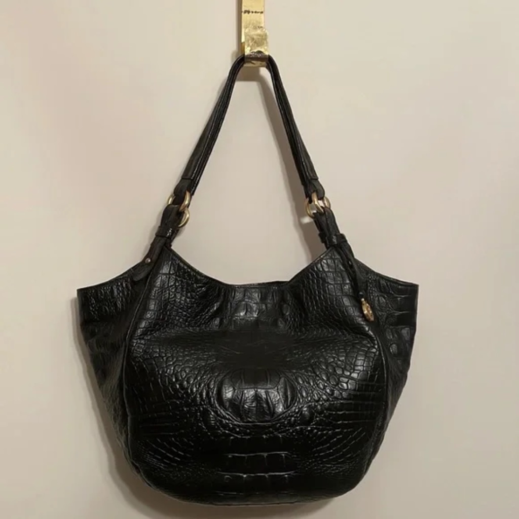 Brahmin Jacqueline Melbourne Croc Embossed Black Hobo Bag With Matching Wallet